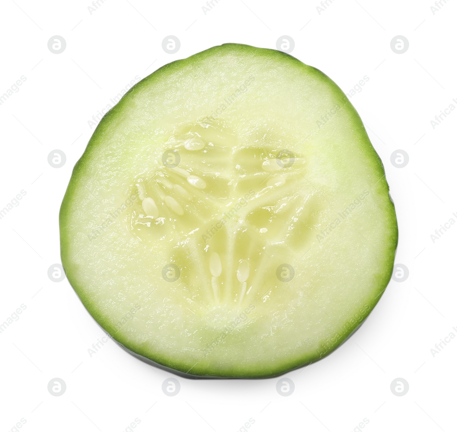 Photo of Slice of fresh cucumber isolated on white, top view