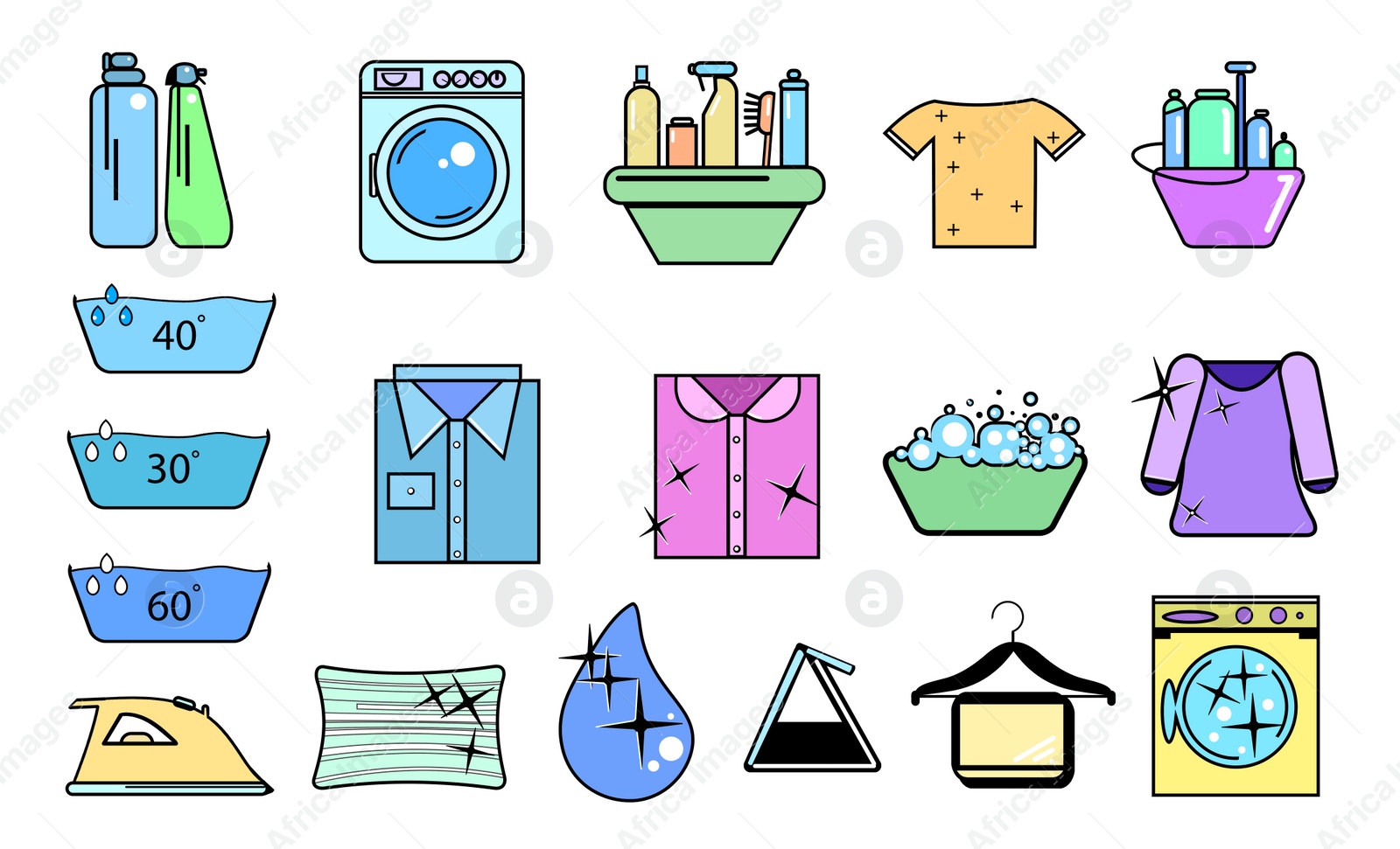 Illustration of  different laundry symbols on white background 