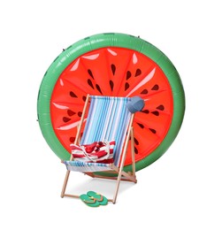 Deck chair, inflatable mattress and other beach accessories isolated on white