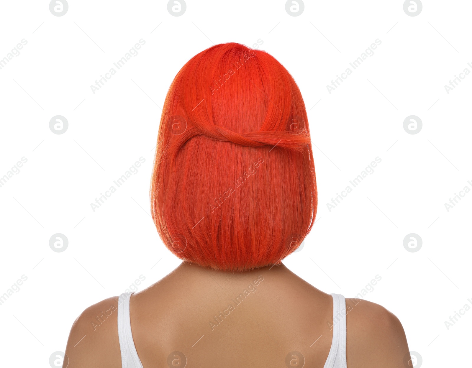 Photo of Young woman with bright dyed hair on white background, back view