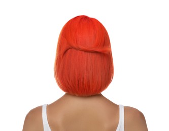 Young woman with bright dyed hair on white background, back view