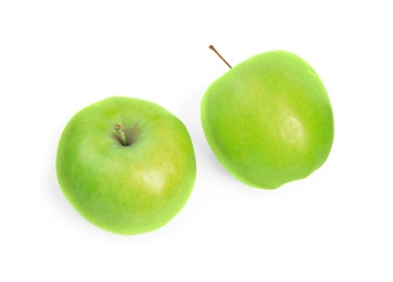 Fresh ripe green apples on white background, top view