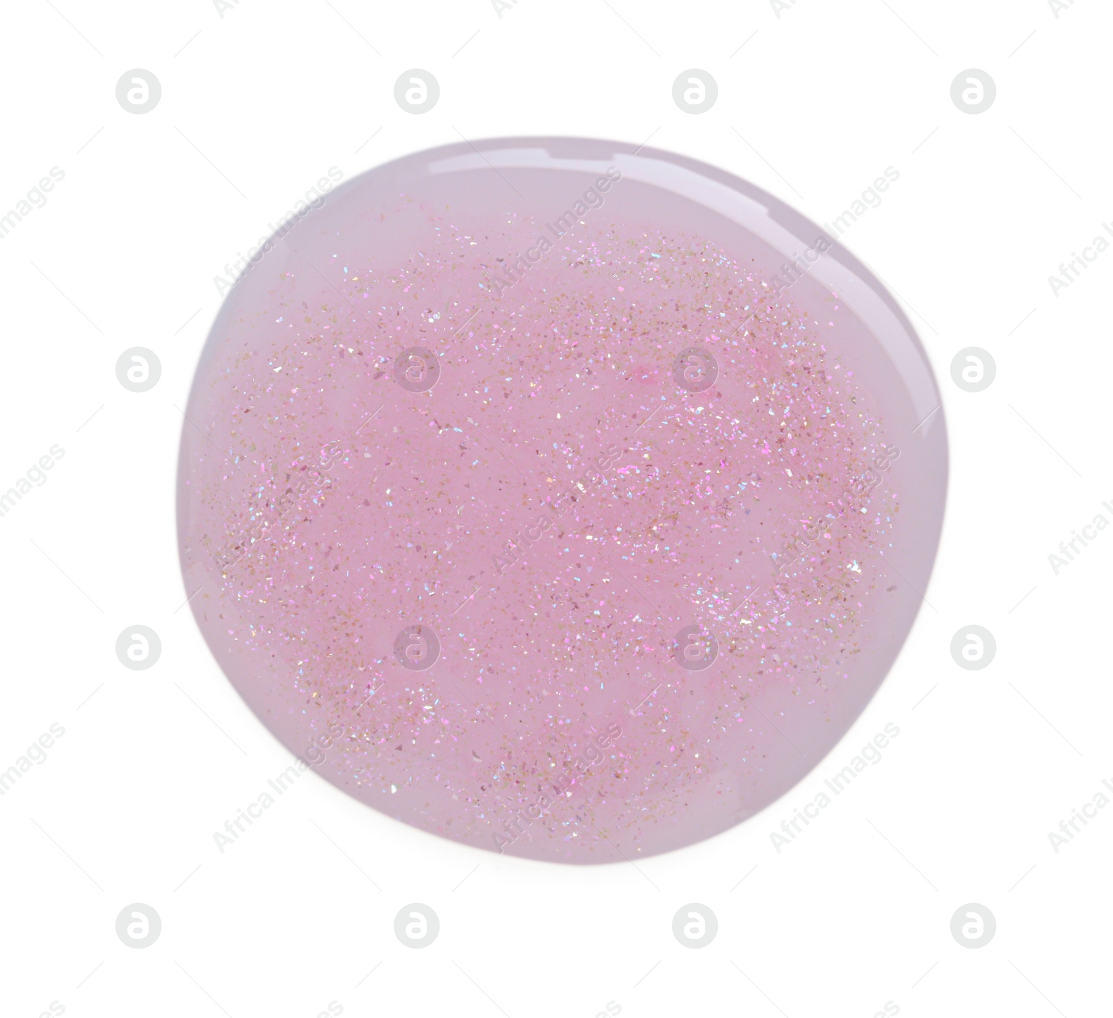 Photo of Sample of pink nail polish with glitter isolated on white, top view