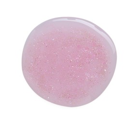 Sample of pink nail polish with glitter isolated on white, top view