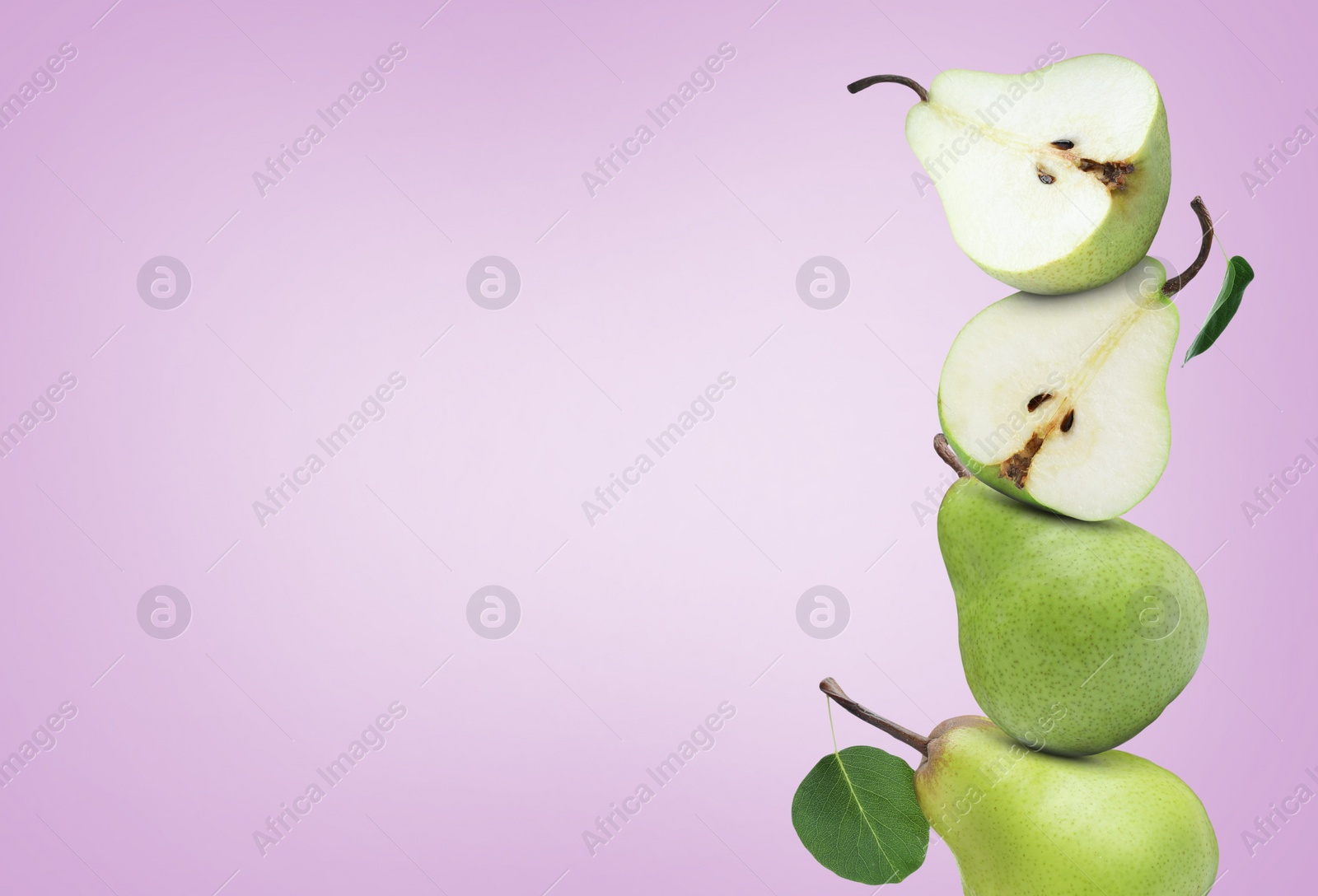 Image of Fresh ripe pears on pale violet background, space for text