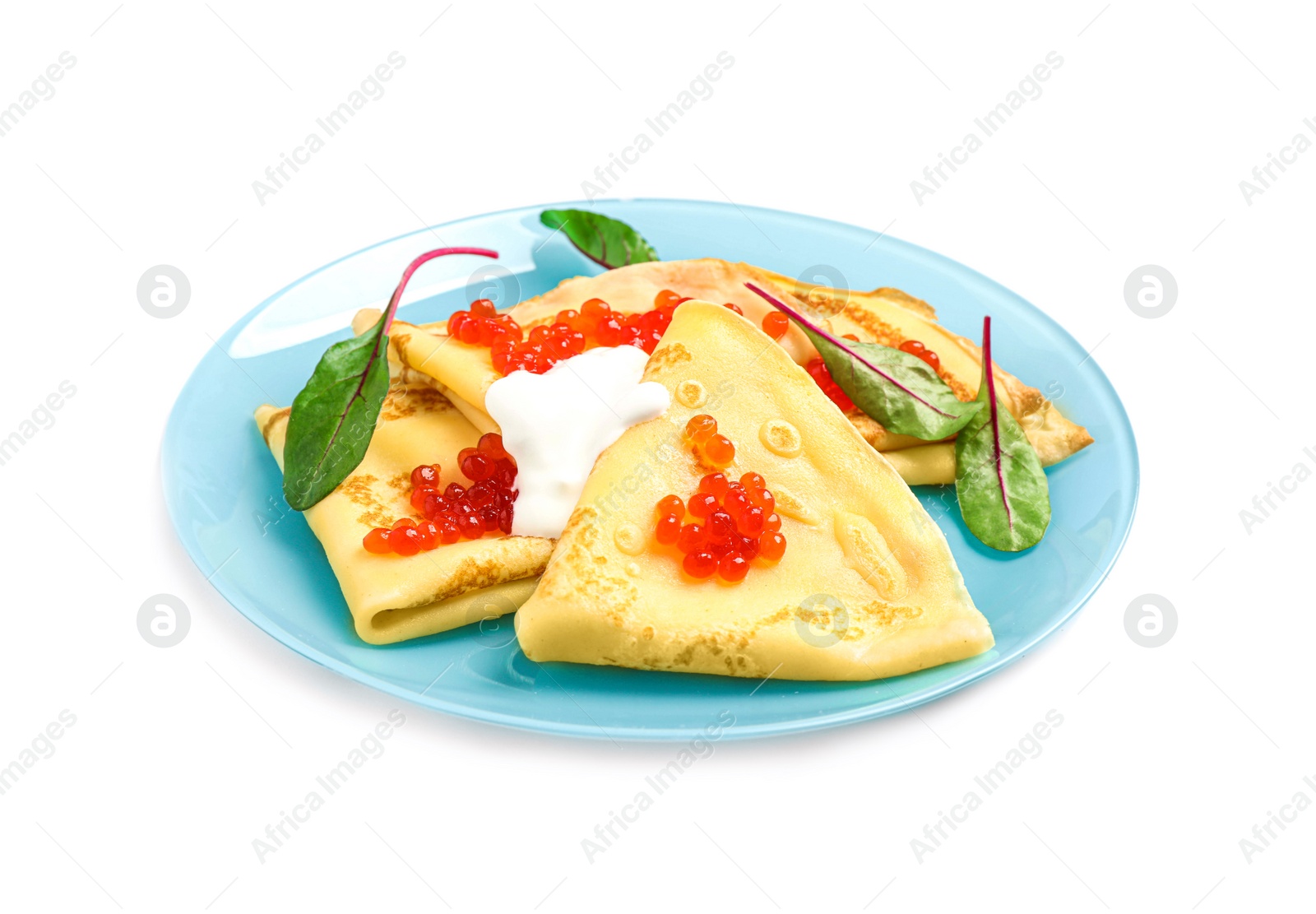 Photo of Delicious pancakes with caviar and cream isolated on white