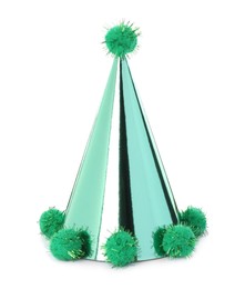 One shiny light green party hat with pompoms isolated on white