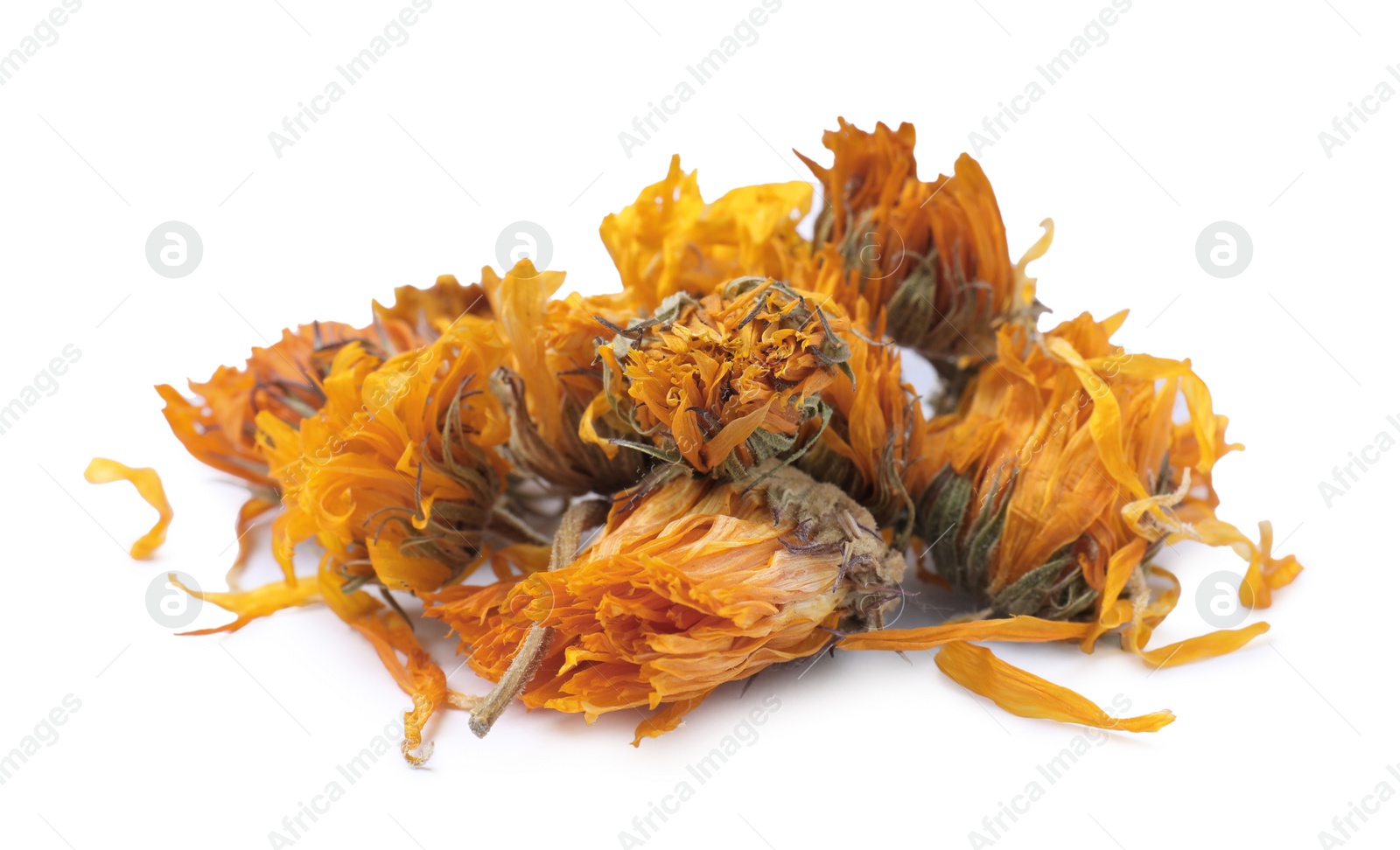 Photo of Pile of dry calendula flowers on white background