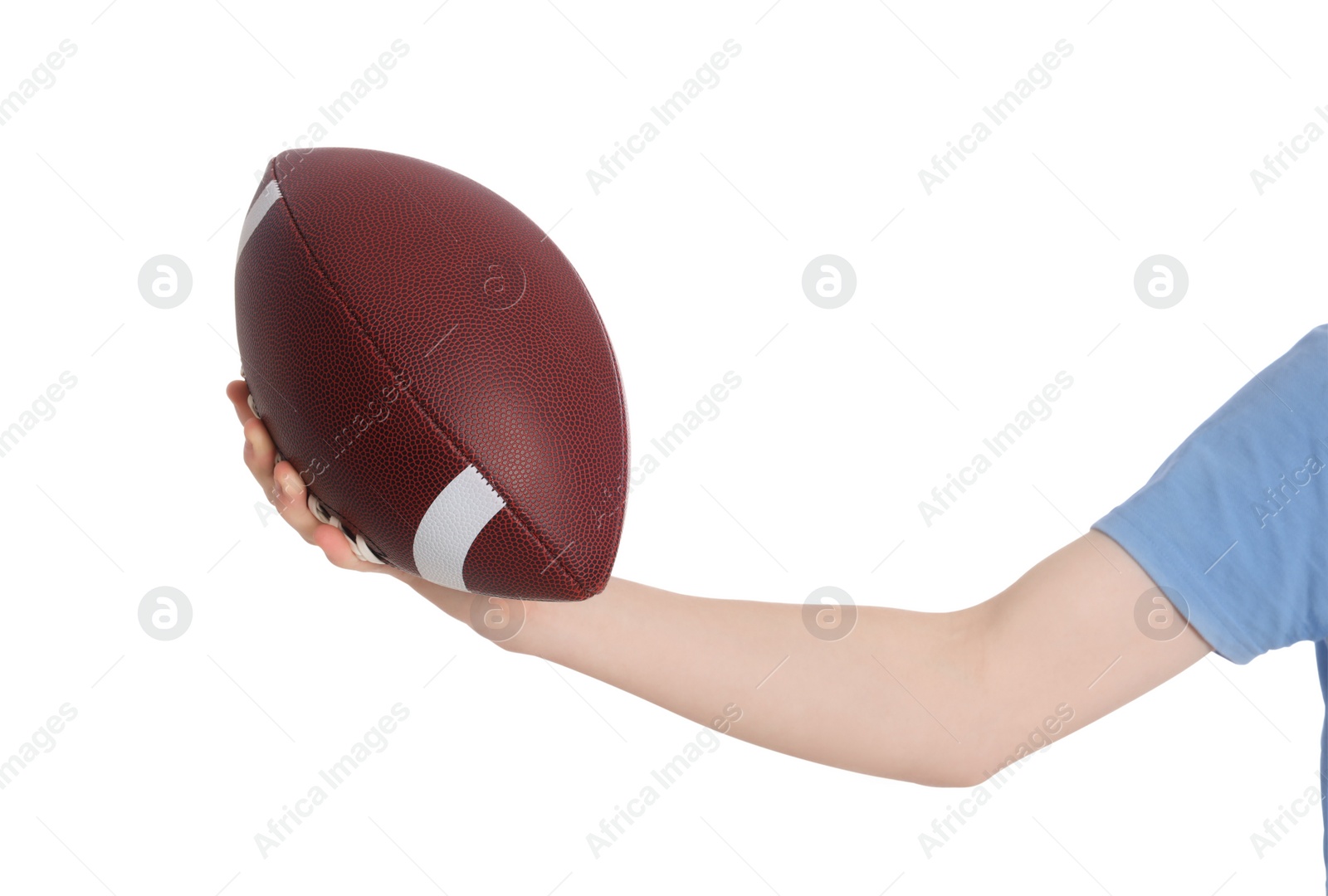 Photo of Boy with american football ball on white background, closeup