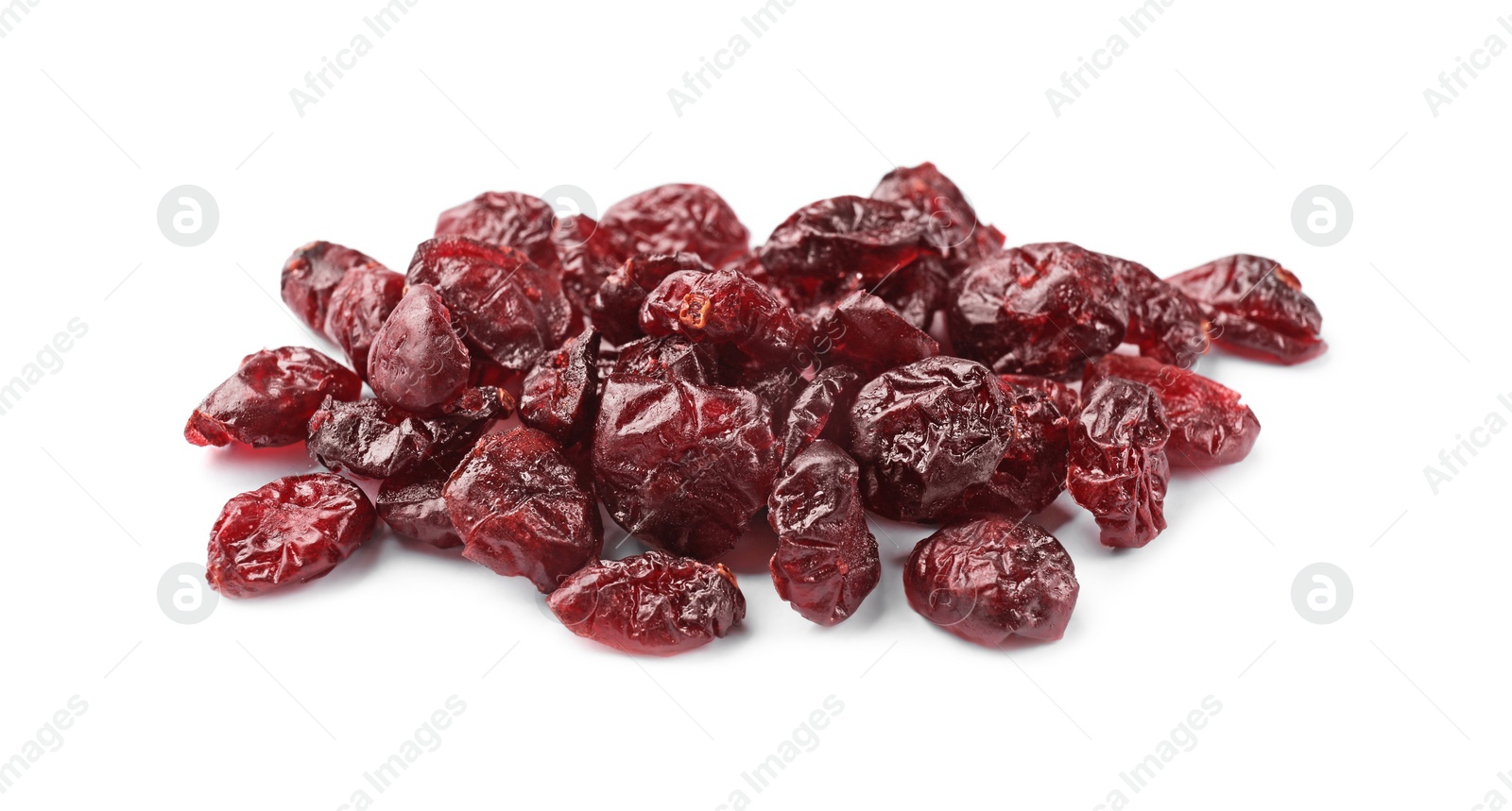 Photo of Many tasty dried cranberries isolated on white