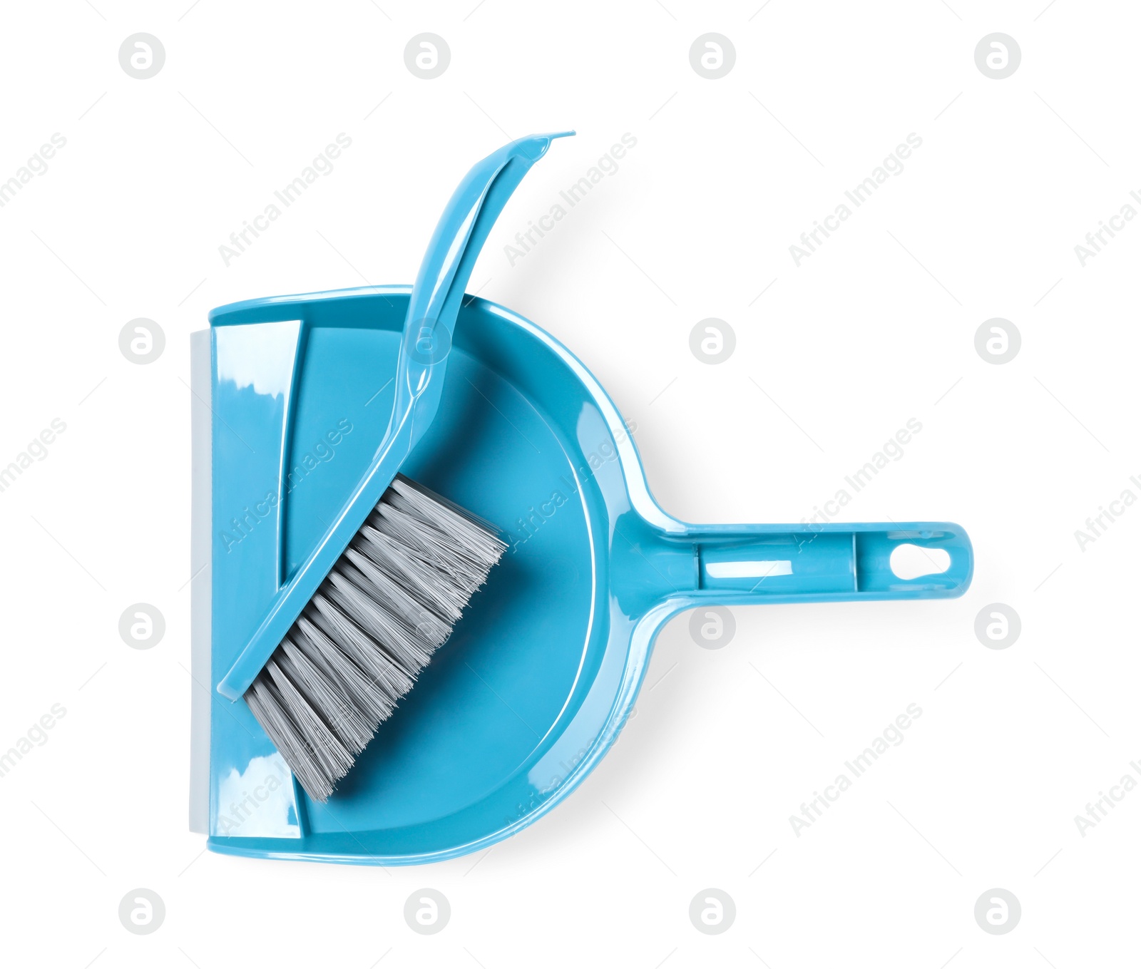 Photo of Plastic hand broom and dustpan isolated on white, top view