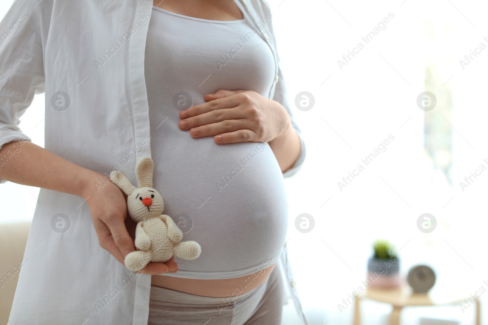 Photo of Pregnant woman holding toy near tummy in light room at home, closeup