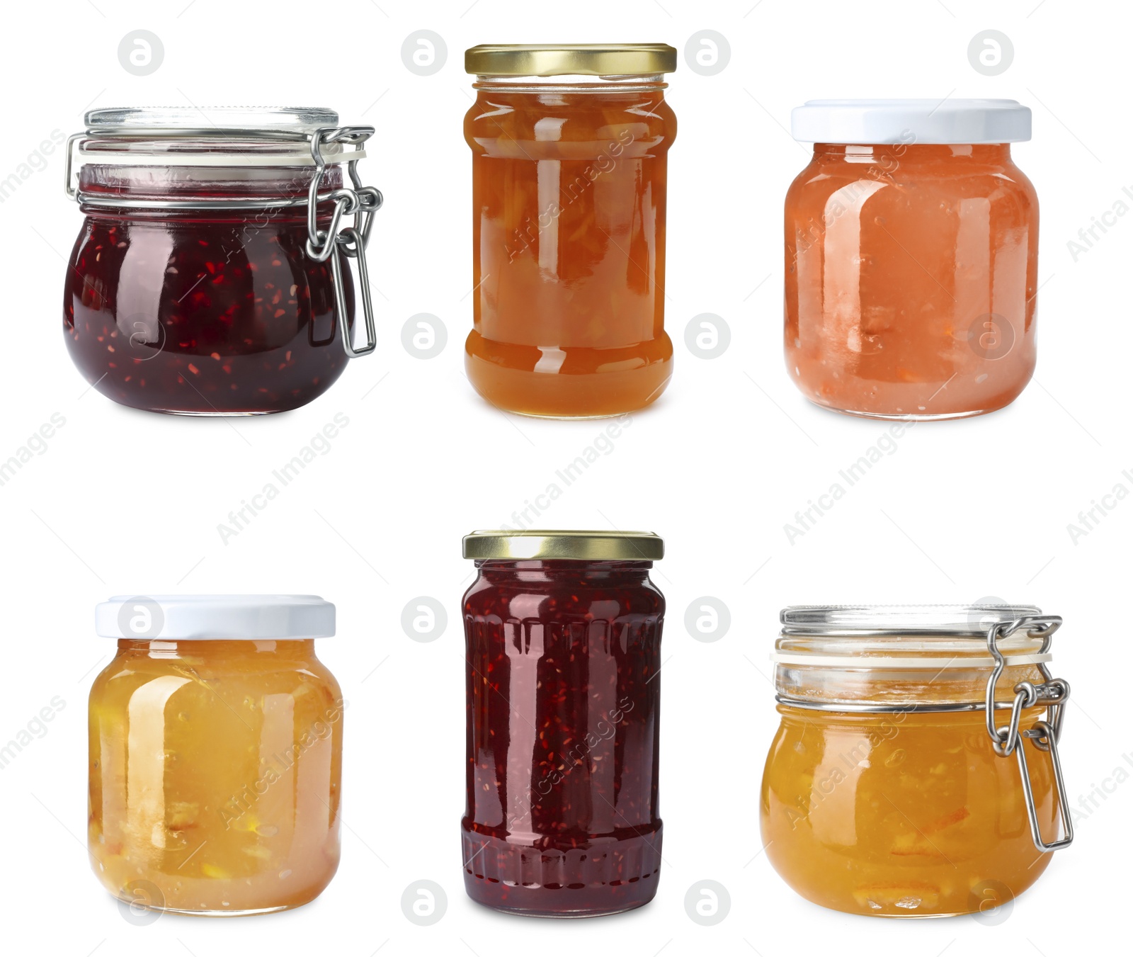 Image of Set of jars with delicious jams on white background