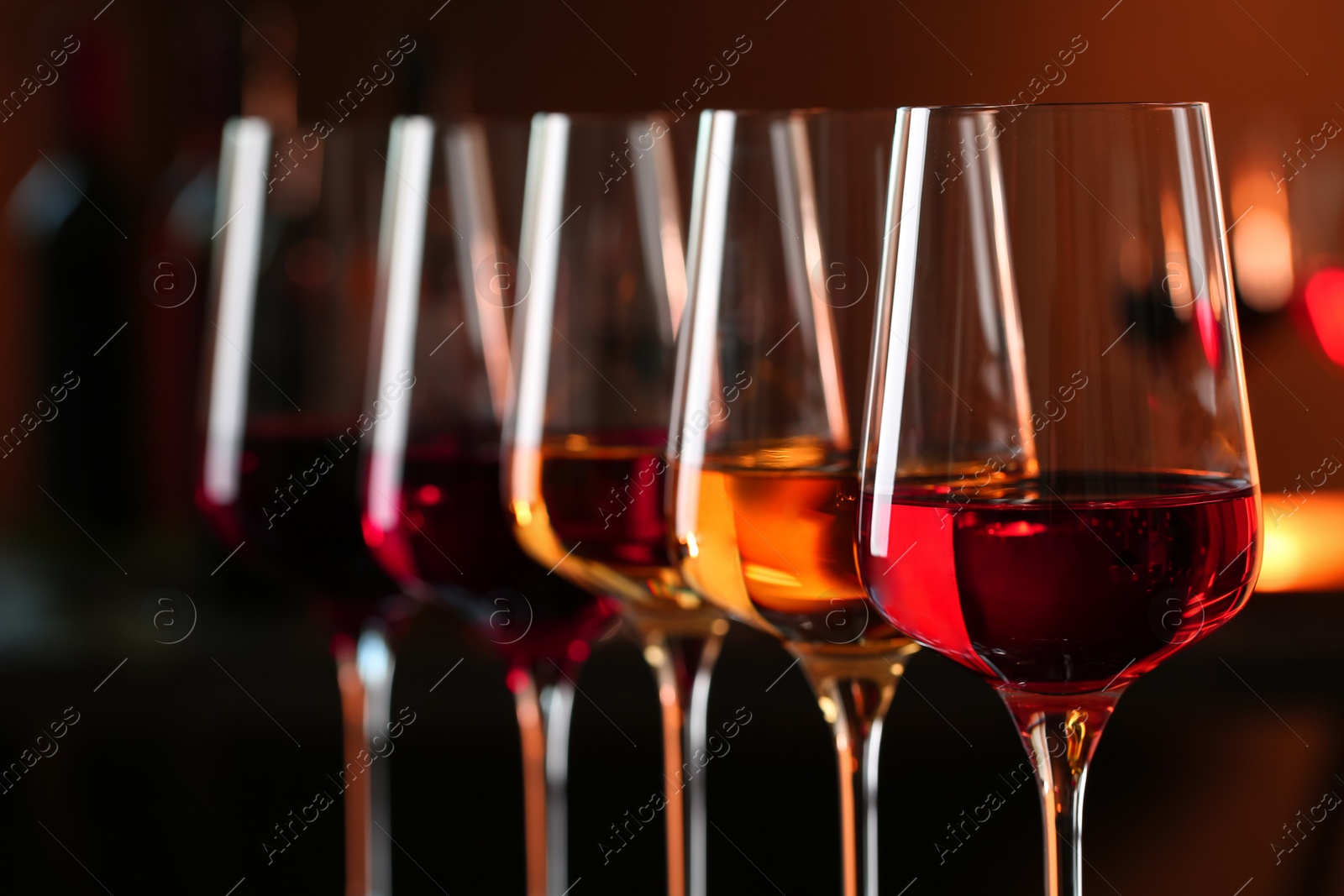 Photo of Row of glasses with different wines against blurred background, closeup