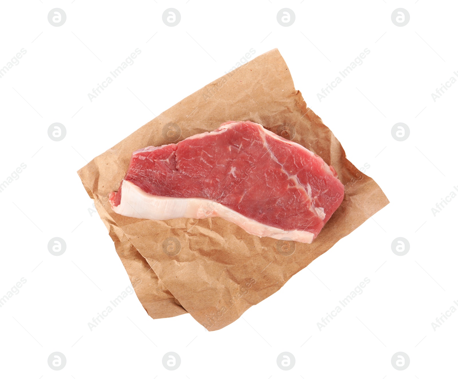 Photo of Steak of raw beef meat isolated on white, top view