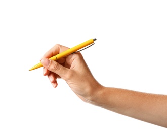 Photo of Young woman holding pen on white background, closeup