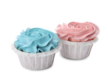 Photo of Baby shower cupcakes with light blue and pink cream on white background
