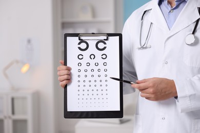 Photo of Ophthalmologist pointing at vision test chart in clinic, closeup