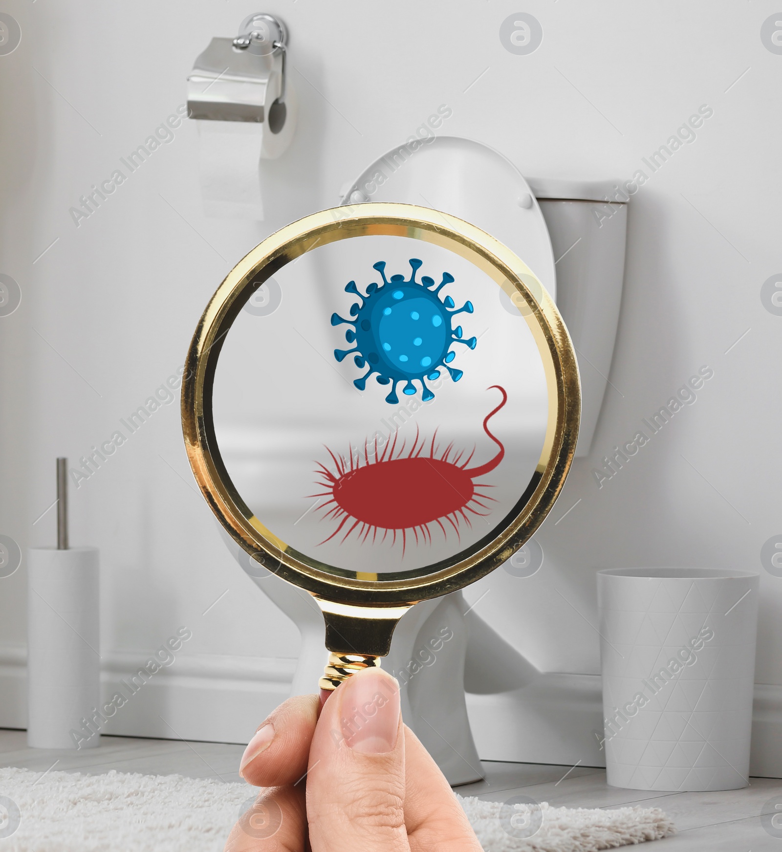 Image of Woman with magnifying glass detecting microbes on toilet bowl in bathroom, closeup  