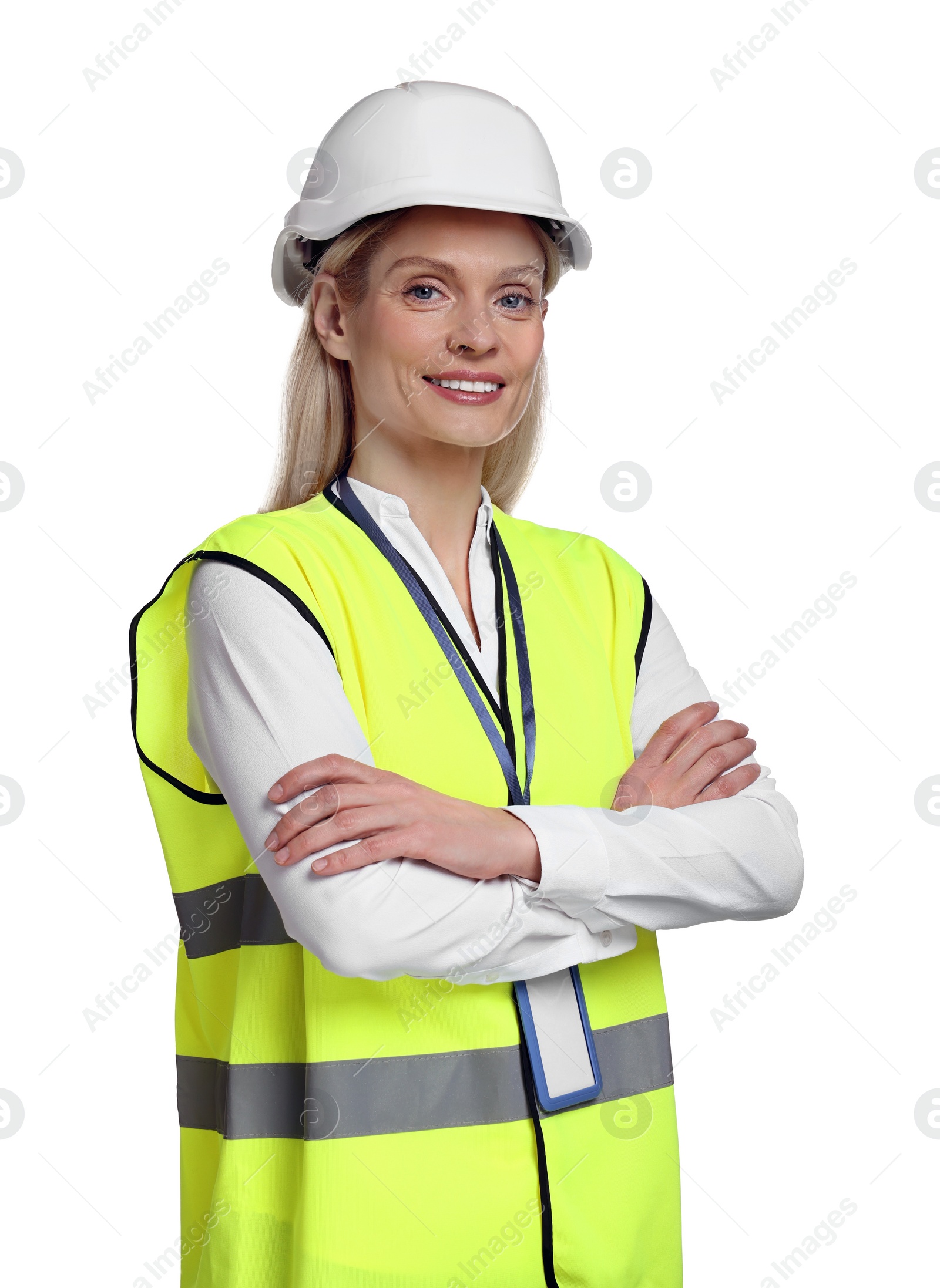 Photo of Engineer with hard hat and badge on white background