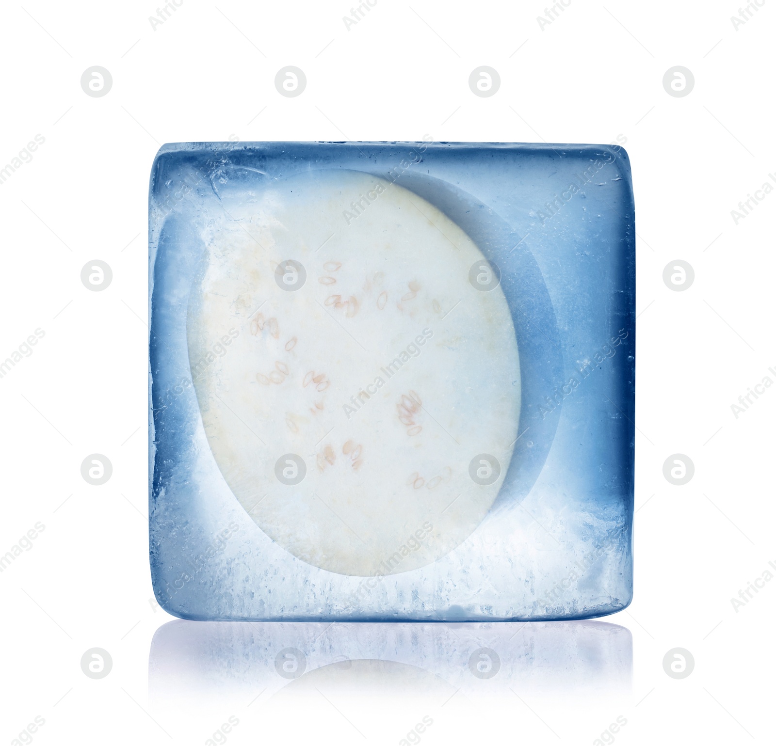 Image of Frozen food. Raw eggplant in ice cube isolated on white