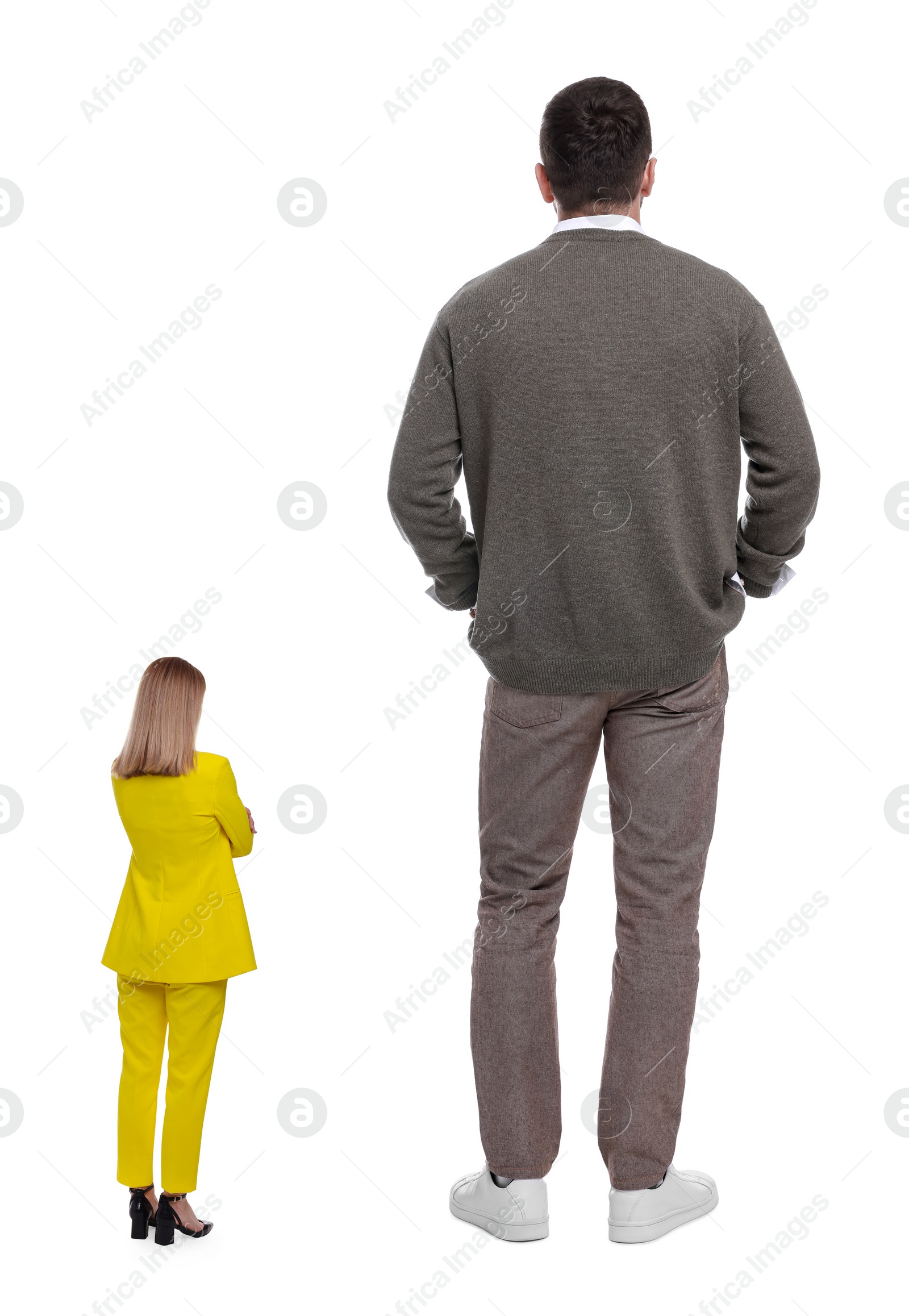 Image of Big man and small woman on white background, back view