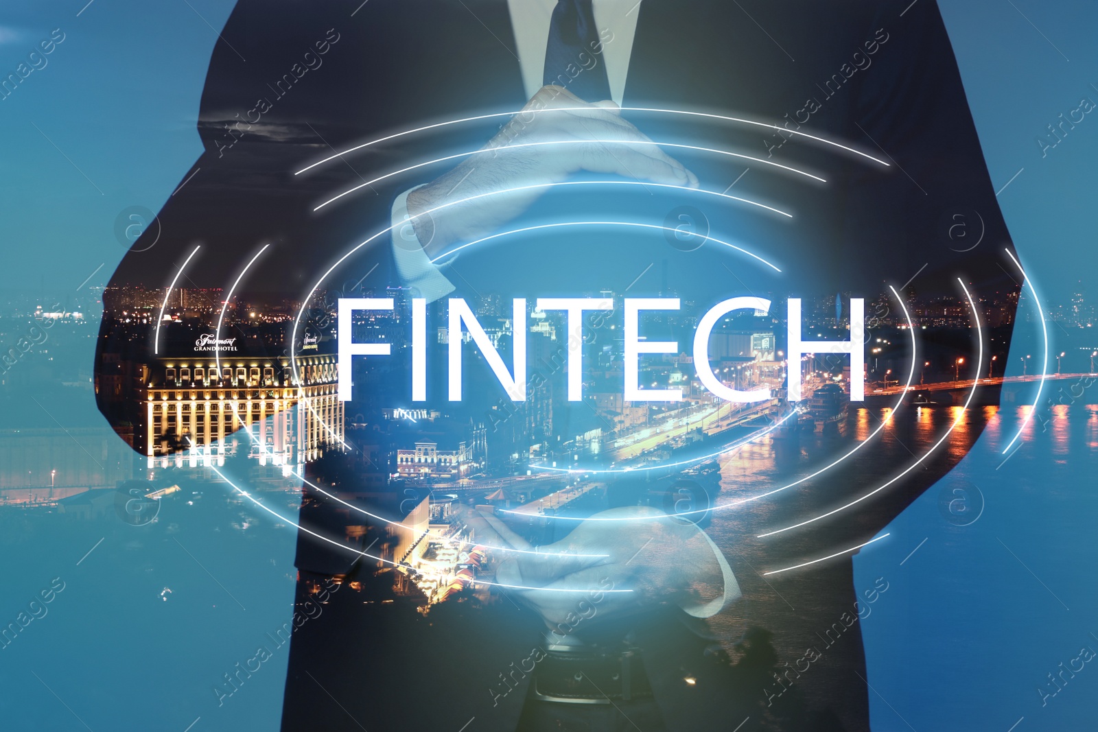 Image of Fintech concept. Double exposure of cityscape and businessman, closeup