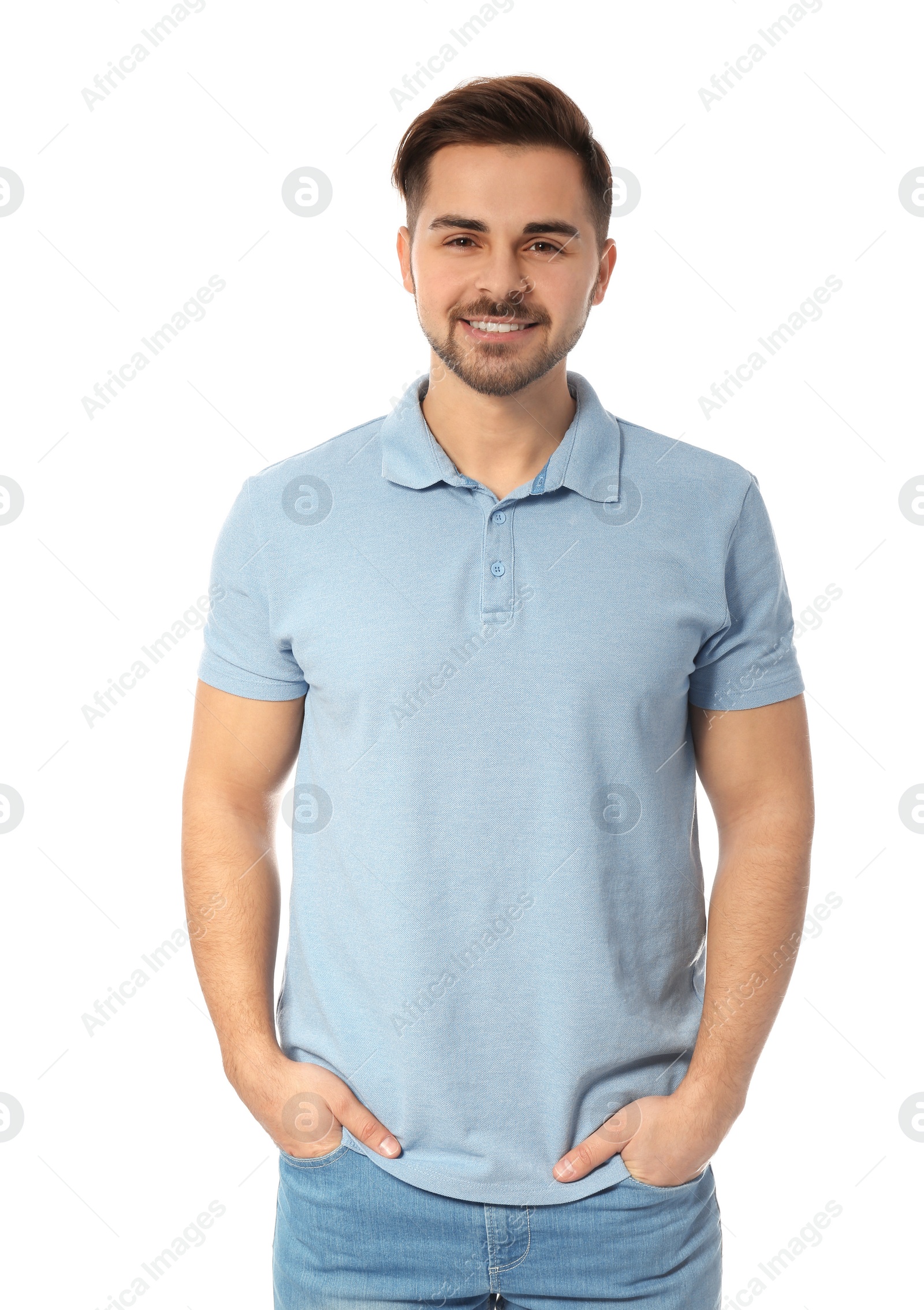 Photo of Portrait of handsome man posing on white background