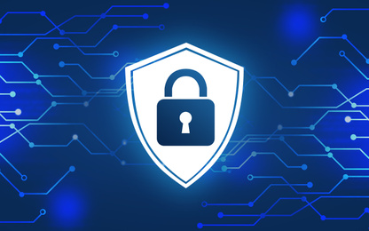 Shield with padlock illustration as symbol of cyber security and circuit board pattern on blue background