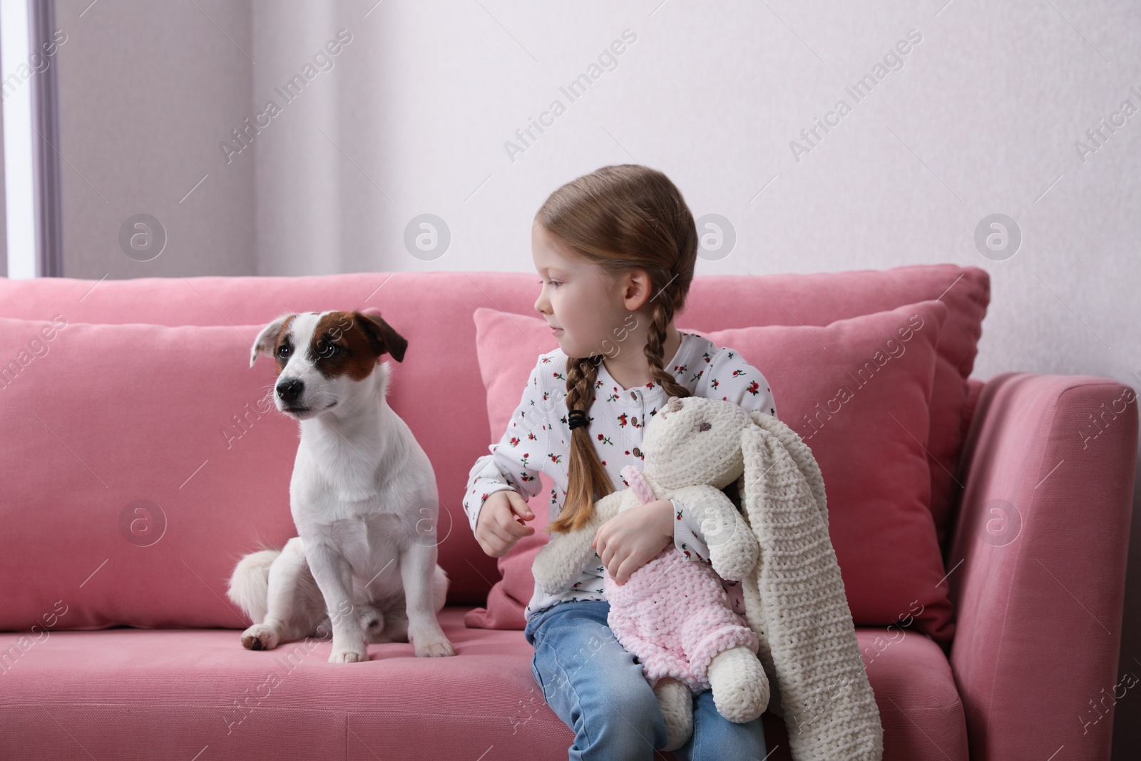 Photo of Cute little girl with her dog and toy bunny on sofa indoors. Childhood pet