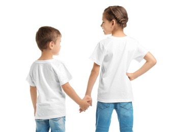 Photo of Little kids in t-shirts on white background. Mockup for design
