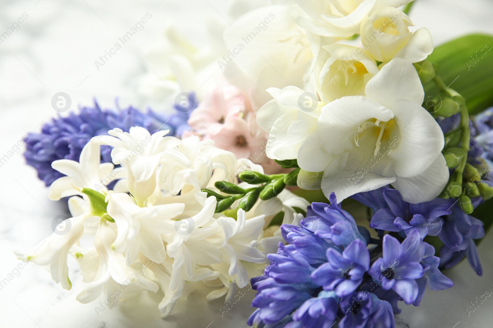 Photo of Beautiful spring flowers on white table, closeup