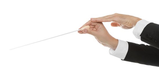 Photo of Professional conductor with baton on white background, closeup