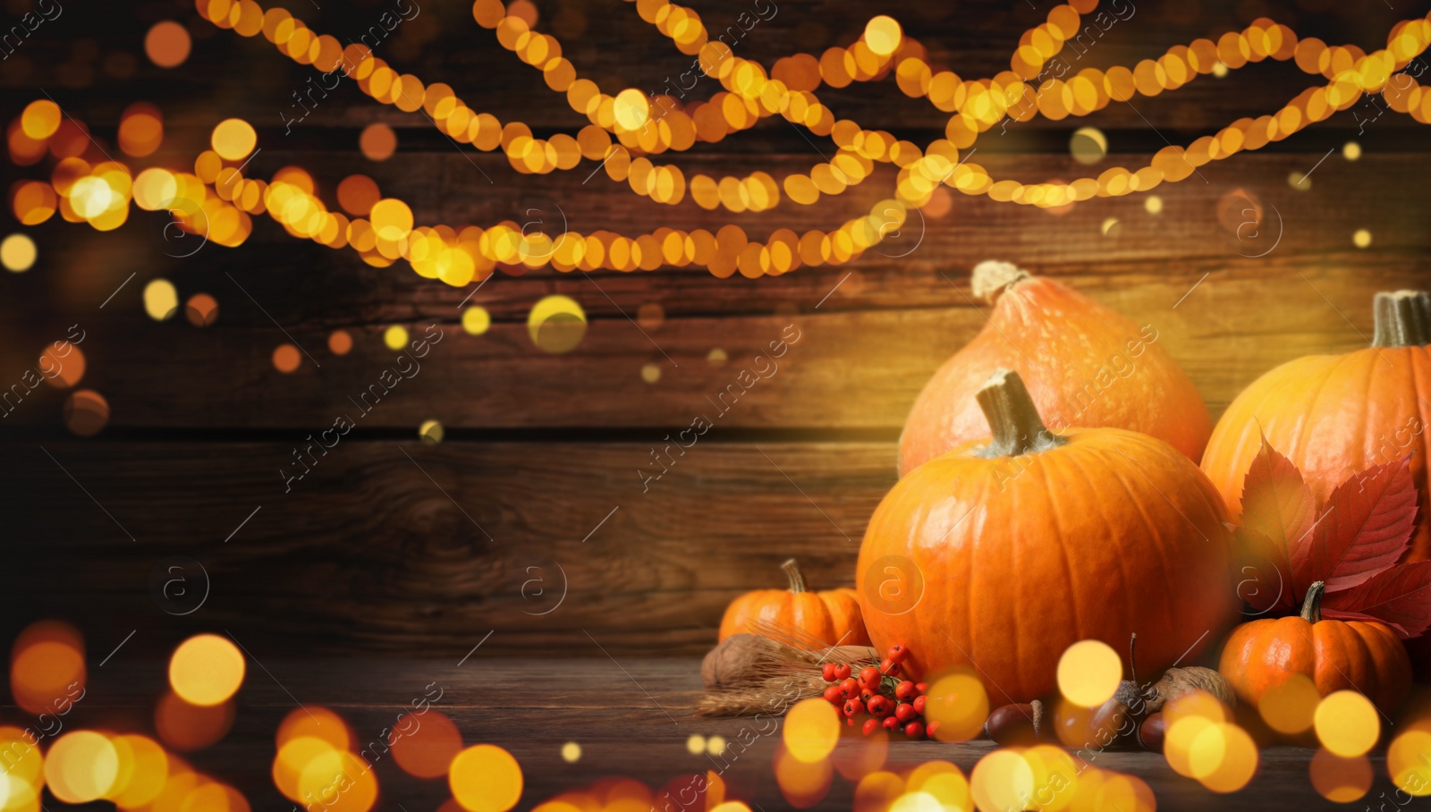 Image of Composition with ripe pumpkins on wooden table, bokeh effect. Happy Thanksgiving day, banner design 