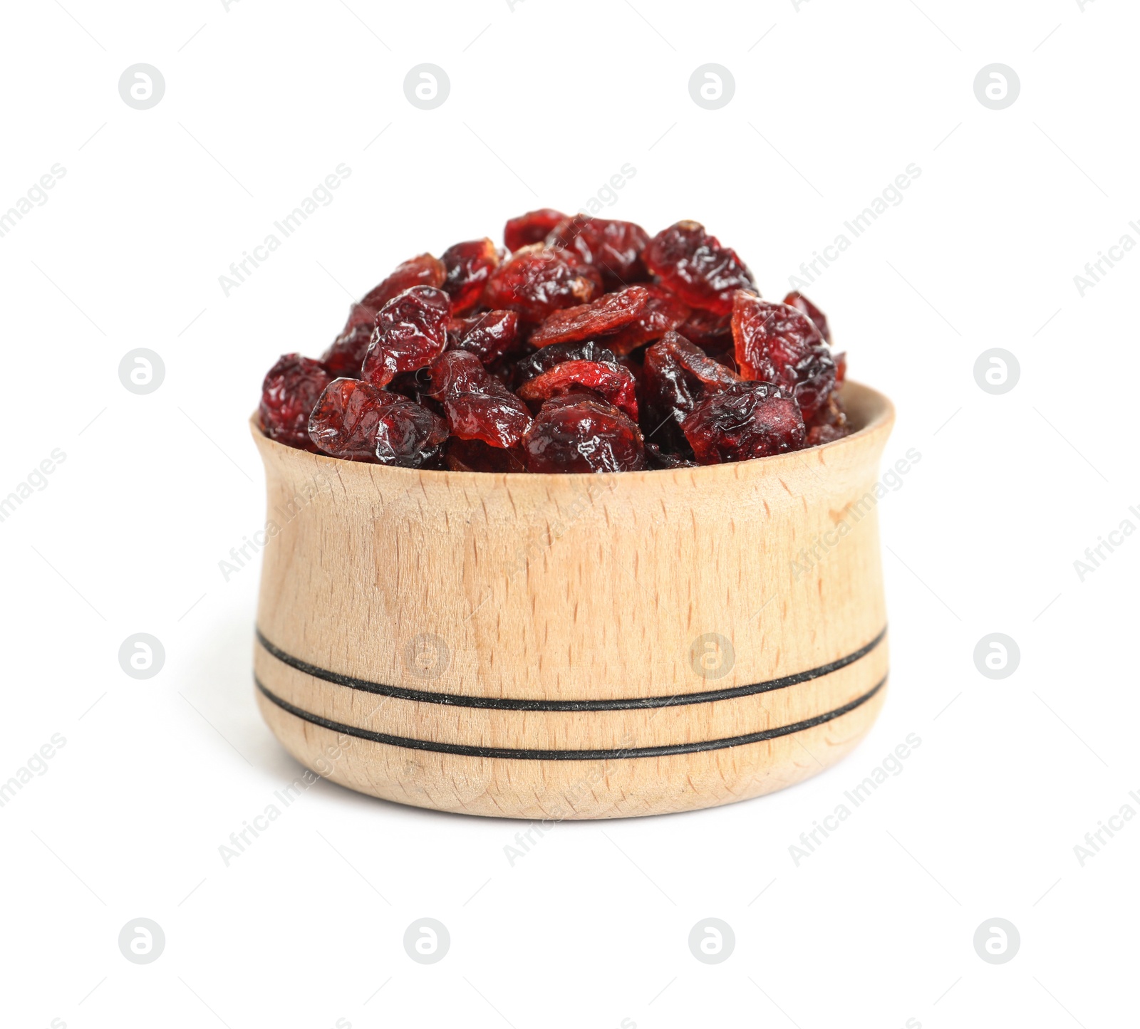 Photo of Bowl with cranberries on white background. Dried fruit as healthy snack