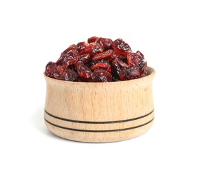 Photo of Bowl with cranberries on white background. Dried fruit as healthy snack