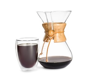 Photo of Chemex coffeemaker and glass of coffee isolated on white