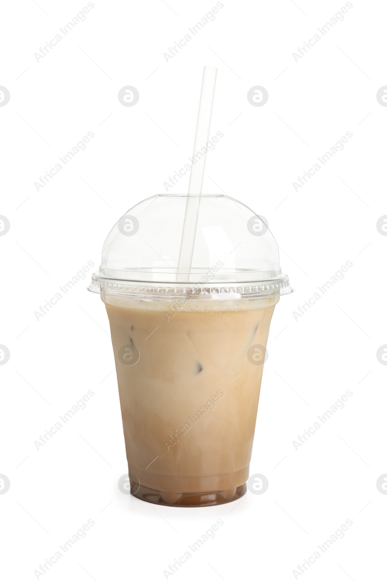 Photo of Takeaway plastic cup with cold coffee drink and straw isolated on white