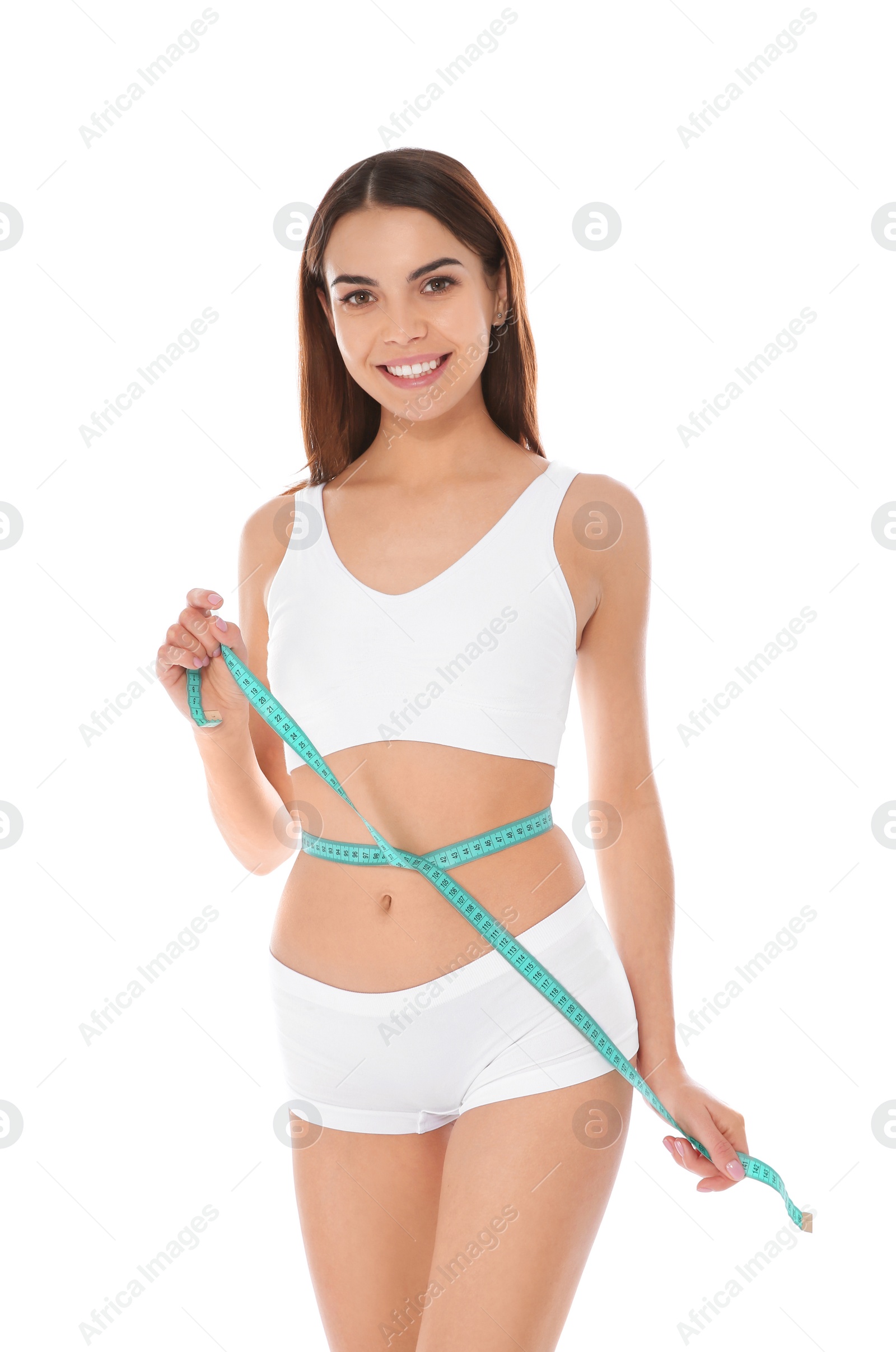 Photo of Slim woman measuring her waist on white background. Weight loss