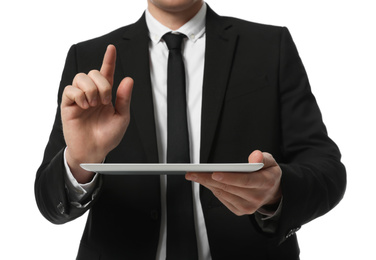 Photo of Businessman using tablet computer on white background, closeup