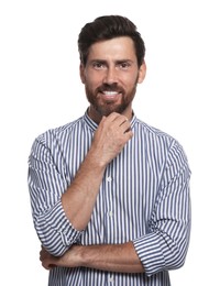 Photo of Portrait of smiling bearded man on white background