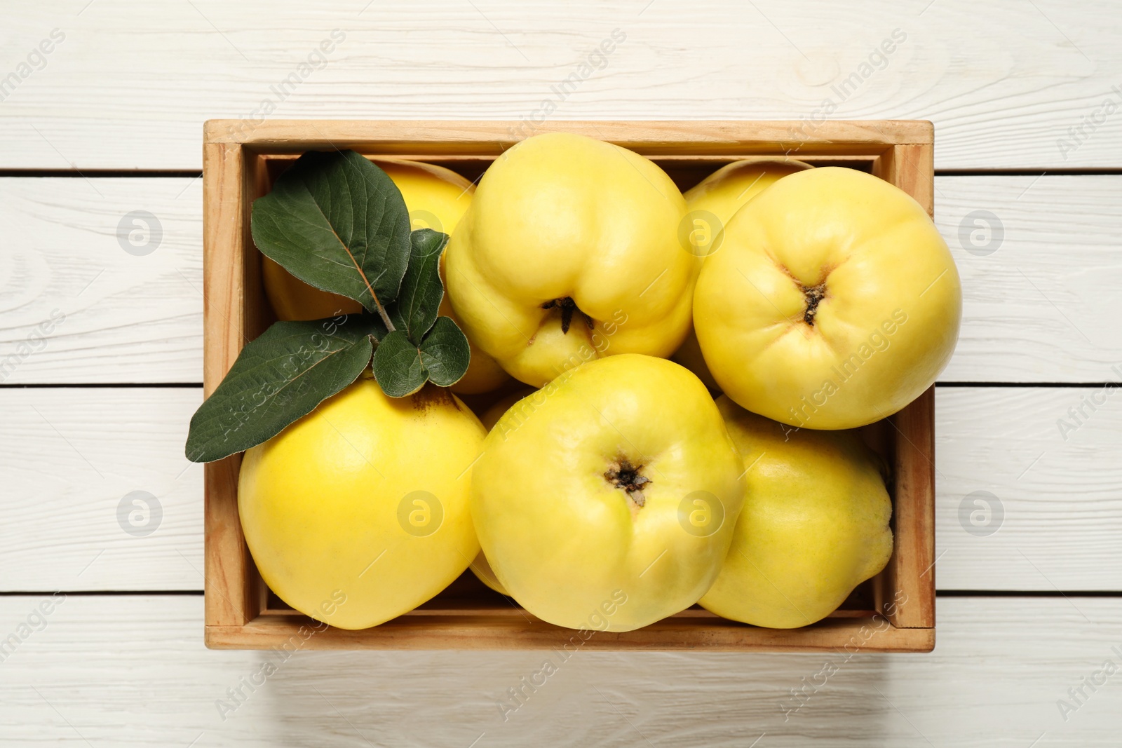 Photo of Fresh ripe organic quinces with leaves on white wooden table, top view