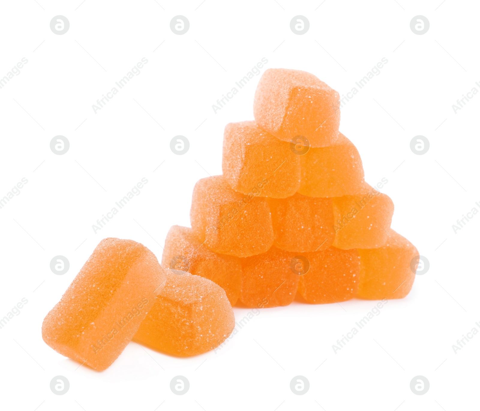 Photo of Tasty orange jelly candies on white background