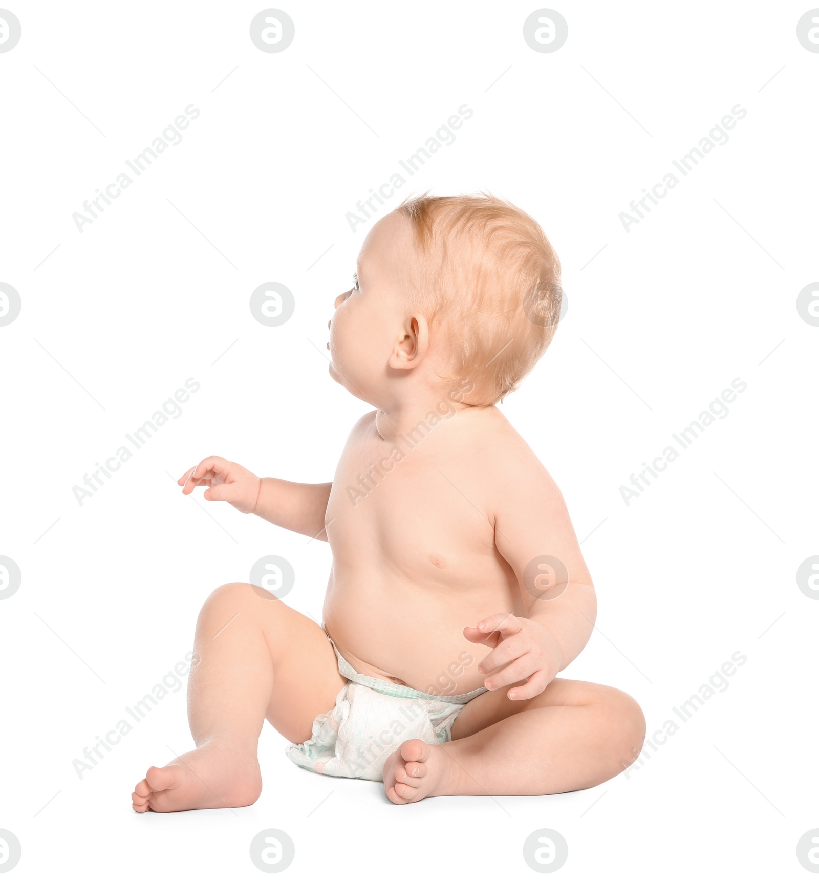 Photo of Cute little baby on white background. Crawling time