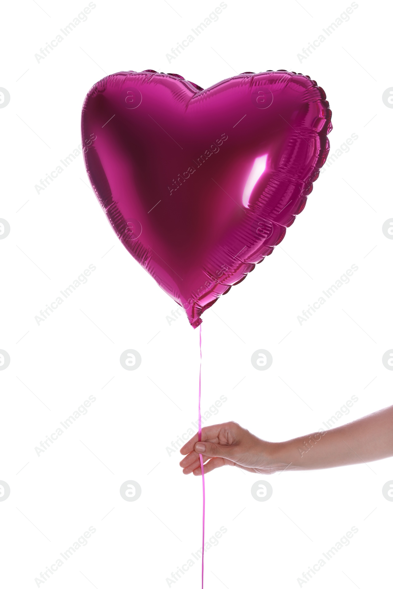 Photo of Woman holding heart shaped balloon isolated on white, closeup