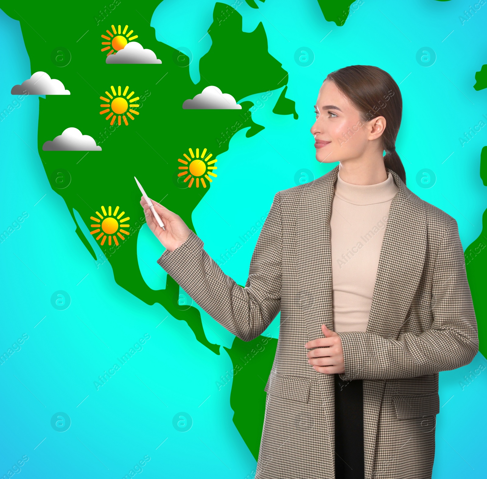 Image of Beautiful woman near virtual screen with map that demonstrating weather forecast in different regions