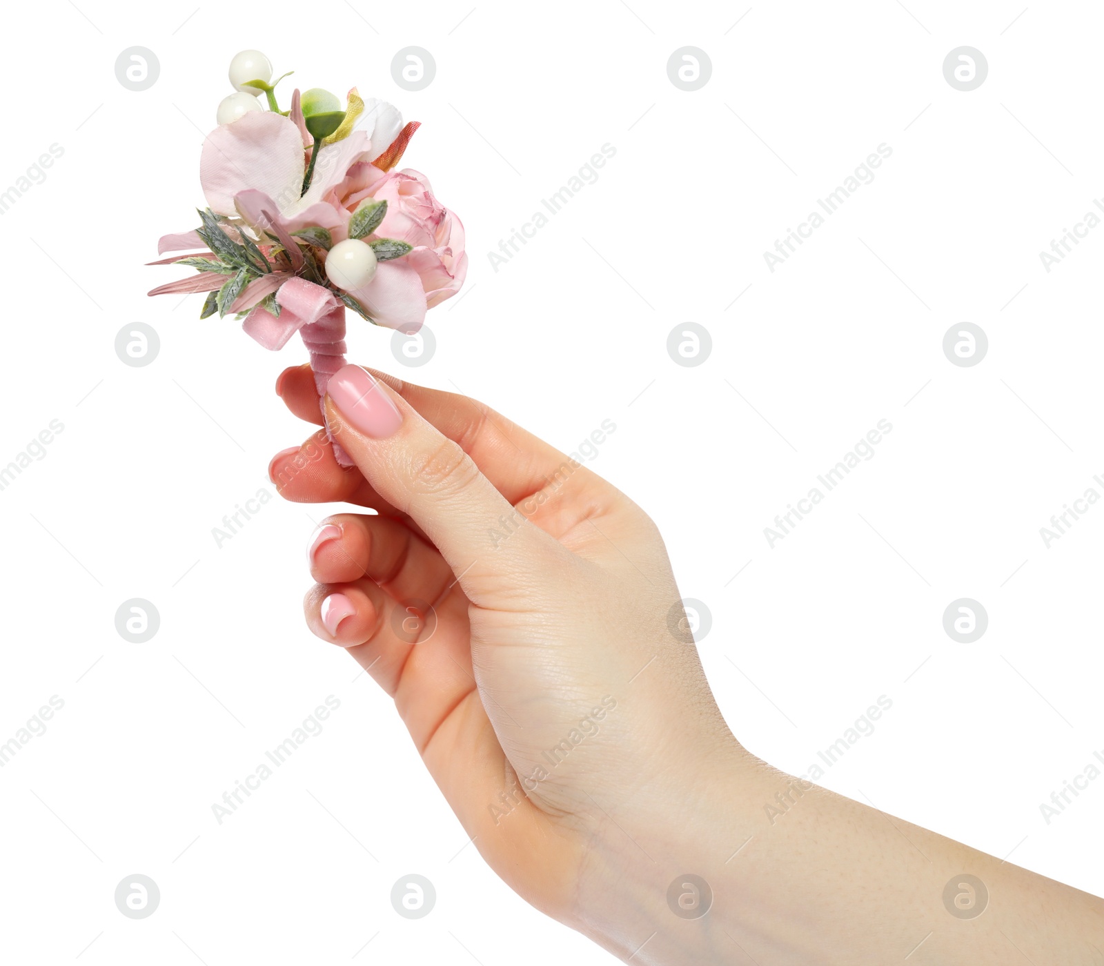 Photo of Woman holding stylish boutonniere on white background, closeup