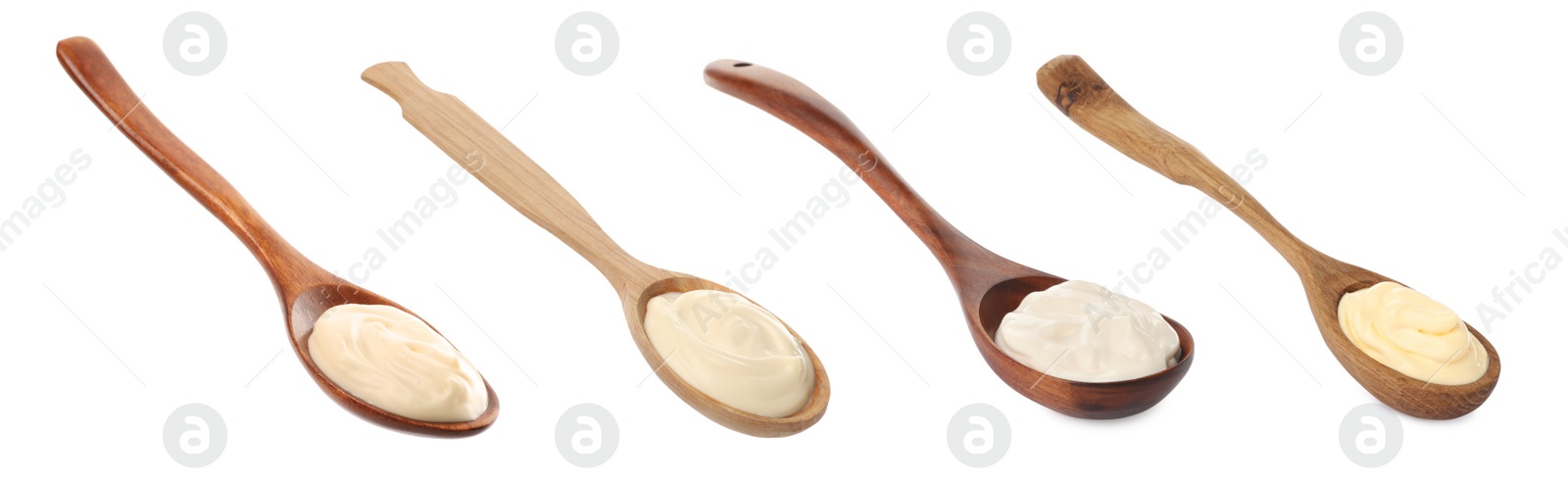 Image of Set with tasty mayonnaise on white background. Banner design