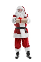 Photo of Authentic Santa Claus with gift box on white background