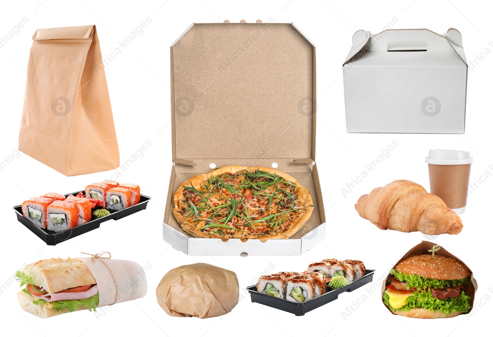 Image of Collage of cardboard and plastic packages with fresh food on white background. Online delivery